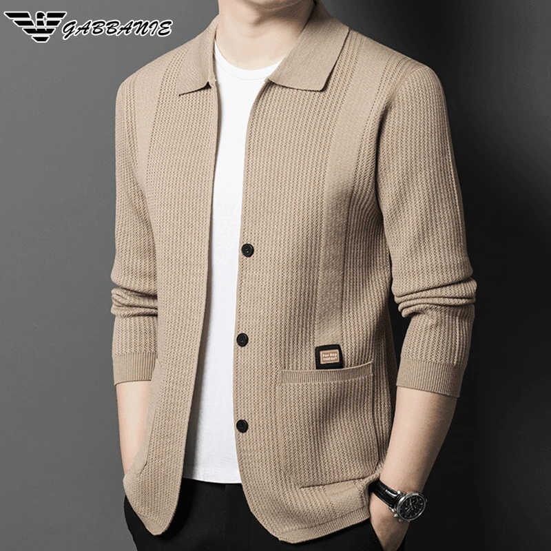 专柜正品春秋高档针织衫时尚韩版翻领宽松纯色百搭开衫毛衣外套男