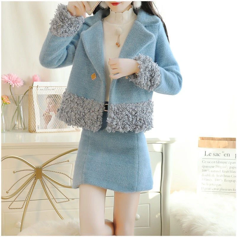 春秋冬季甜美小香风短款毛呢外套女加厚高腰半身裙两件套套装裙子