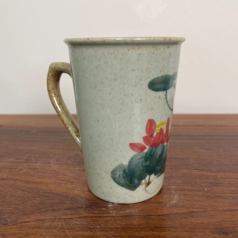 荷花 马克杯带把手手工复古创意陶瓷主人杯手绘彩绘粗陶釉下彩