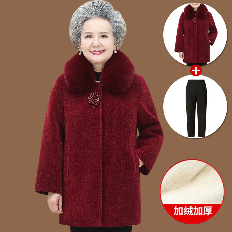 奶奶毛呢外套女中老年人呢子春秋季妈妈套装加绒老太太70岁80衣服