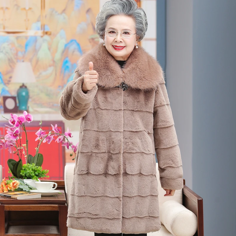 老年妈妈秋冬加厚高贵大衣老太太毛领加绒套装奶奶冬装棉袄外套