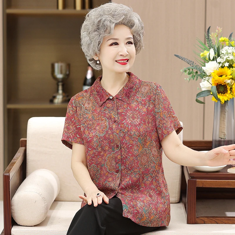 老年人衬衫女60岁70奶奶装夏装短袖时尚老人上衣服老太太高贵衬衣