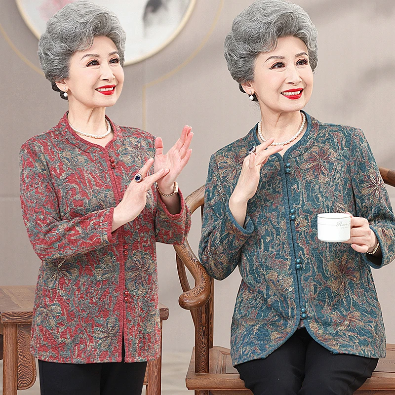 老年人秋装衬衫女60岁70奶奶春秋薄款上衣老太太外套妈妈长袖衣服