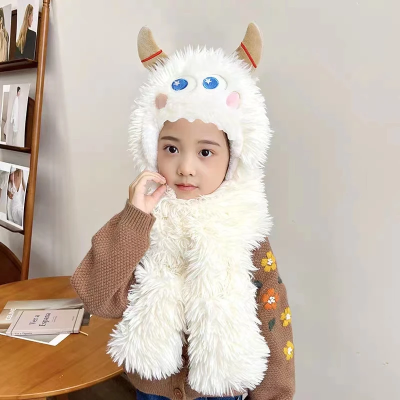 可爱小怪兽毛绒围巾帽子手套一体三件套冬天加厚保暖儿童绒帽