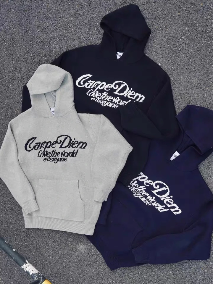 CARPEDIME 2024秋冬字母情侣百搭休闲慵懒风针织连帽毛衣