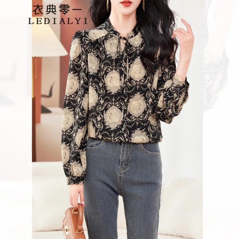 高档重磅真丝衬衫女春秋季女装新款时尚洋气桑蚕丝衬衣长袖上衣