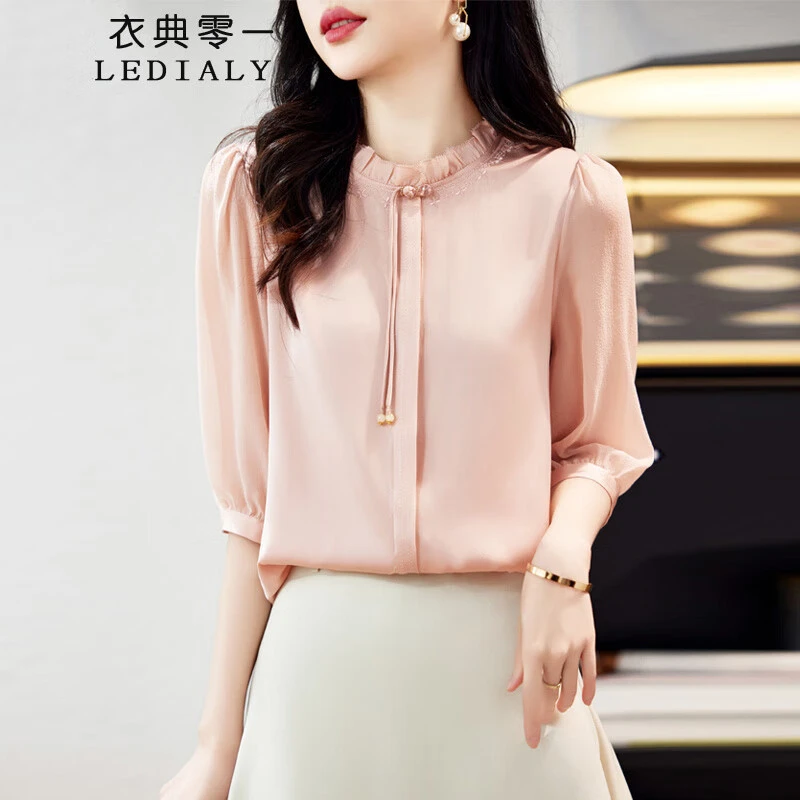 小众洋气重磅真丝上衣女2025夏装新款时尚五分袖新中式桑蚕丝衬衫