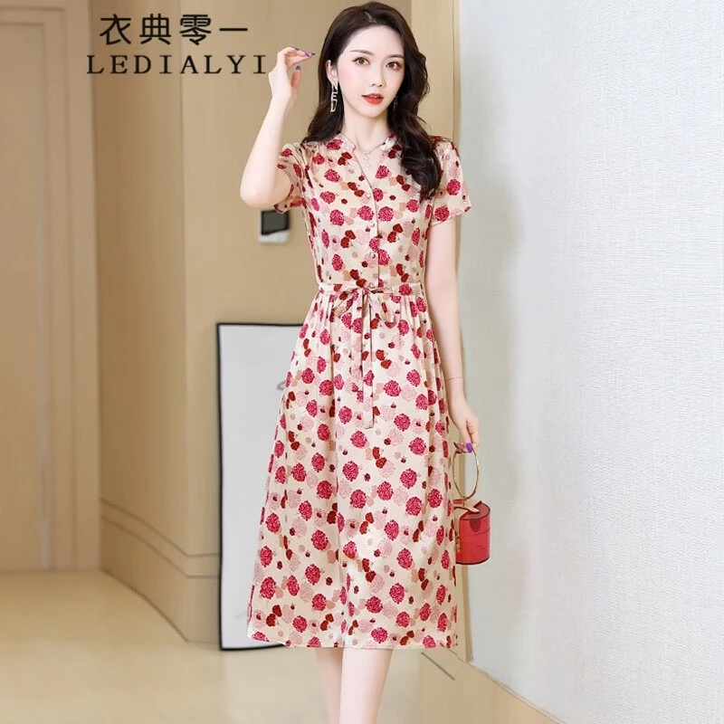 洋气重磅真丝连衣裙2025夏季品质女装高贵气质桑蚕丝碎花裙子夏天