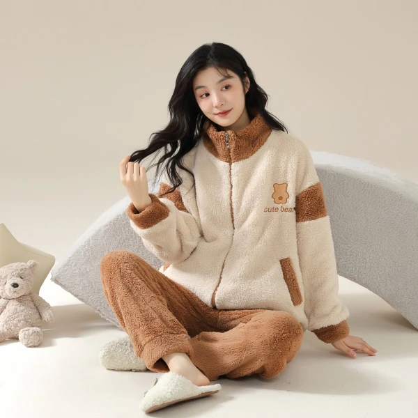 冬季睡衣女2024秋冬季加厚加绒简约珊瑚绒家居服套装可外穿法兰绒