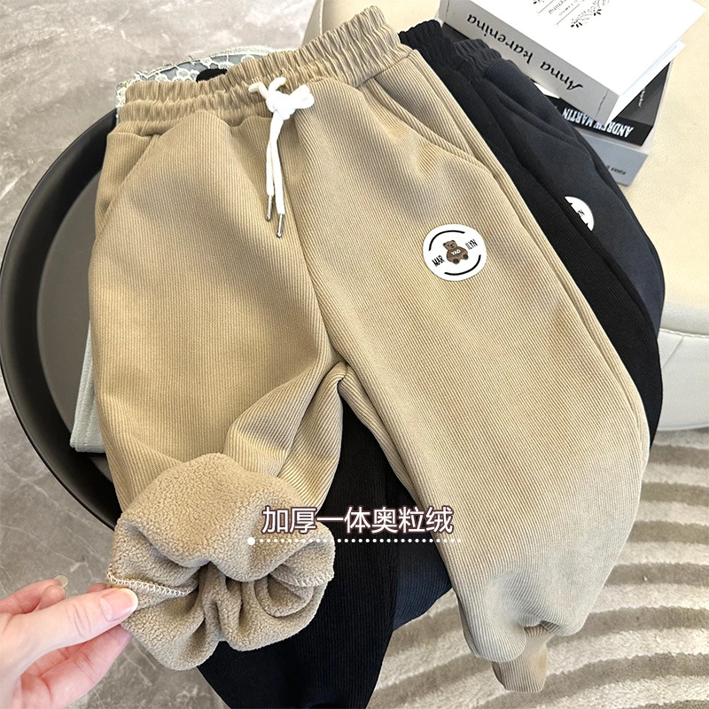 男童加绒加厚裤子冬季儿童宝宝保暖一体奥粒绒小童弹力运动休闲裤