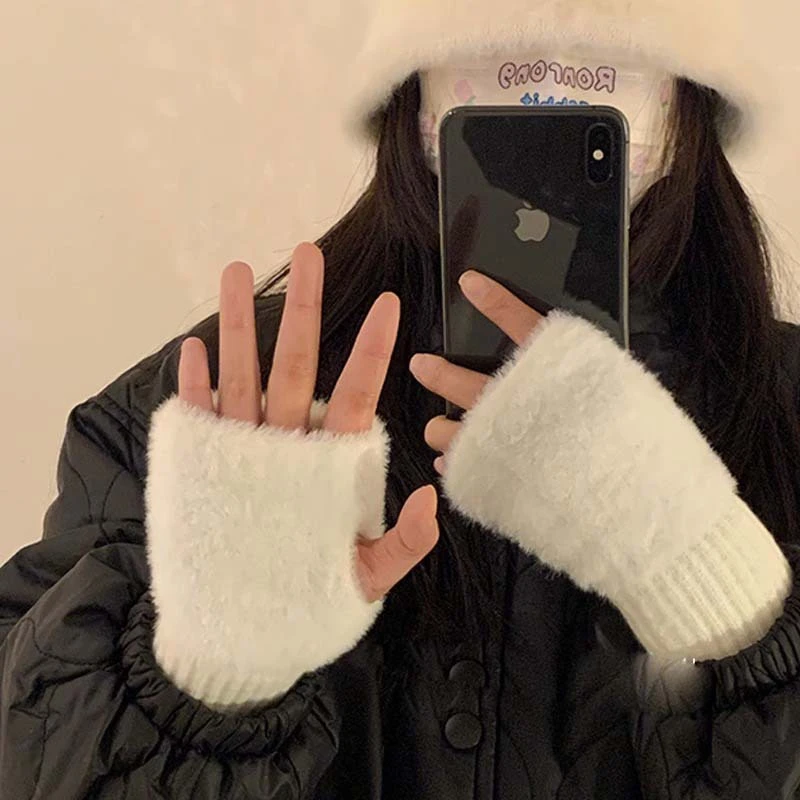 保暖毛线半指手套女冬季毛绒针织护手腕漏指百搭触屏办公学生写字