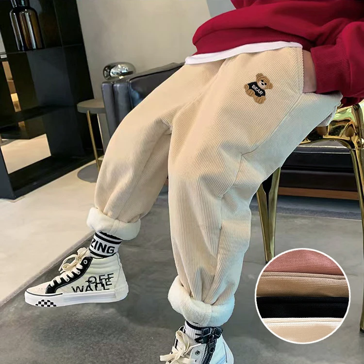 男女童秋冬加绒裤子洋气儿童灯芯绒休闲长裤2023新款男女孩束脚裤