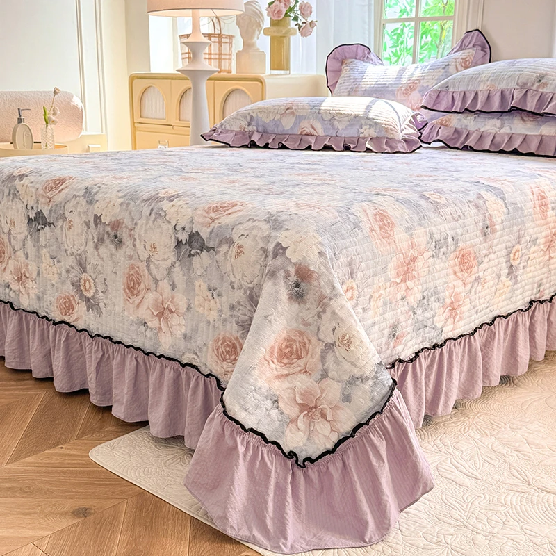 【四季用床裙床盖】防滑床罩公主风双面用花边被罩棉布床垫夹棉炕毯