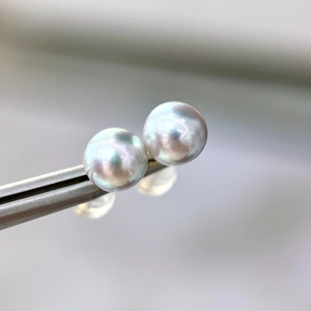 【源头厂家直发】天然海水真多麻7-8MM简约时尚耳钉/18K金耳针