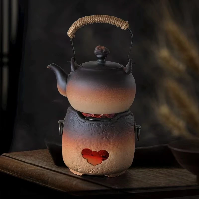 陶瓷炭炉烧水壶围炉煮茶套装提梁茶壶粗陶提梁户外煮茶壶送酒精灯