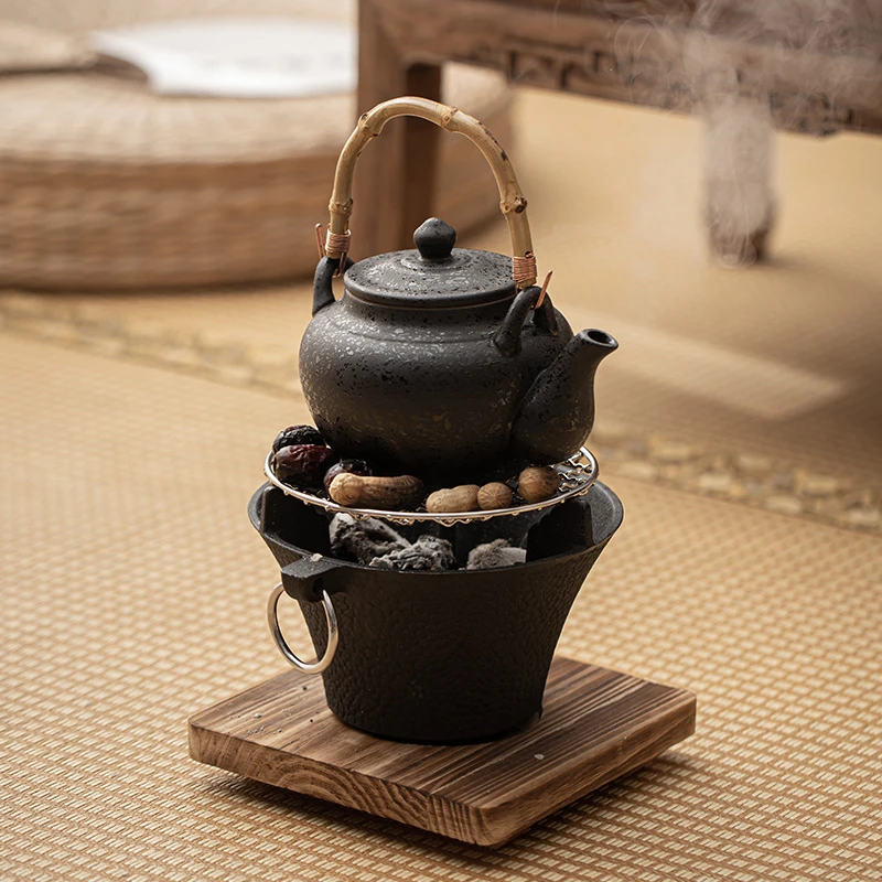 围炉煮茶铸铁炭炉烧水壶套装炭炉烤火炉烧套组竹编提梁送网木底座
