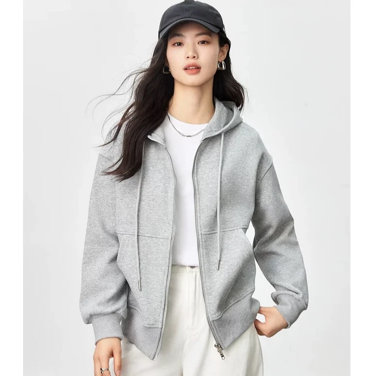 La Chapelle/拉夏贝尔灰色连帽卫衣外套女2025新款拉链开衫套015