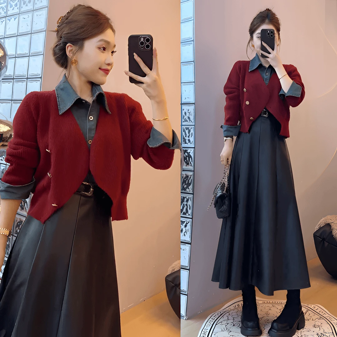 时尚V领拼接牛仔POPO领假两件针织毛衣女韩版A字显瘦半身皮裙套装