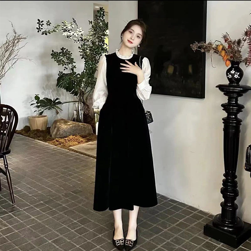 百搭长袖中长款连衣裙气质拼接撞色裙子