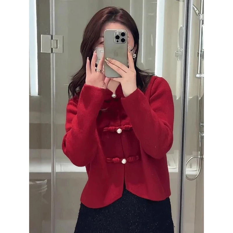 新中式国风盘扣针织衫外套2024新款女秋冬高级感短款开衫毛衣上衣