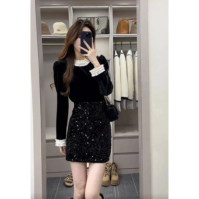 知心法式气质小众洋气黑色拼接长袖衬衫+半身裙套装