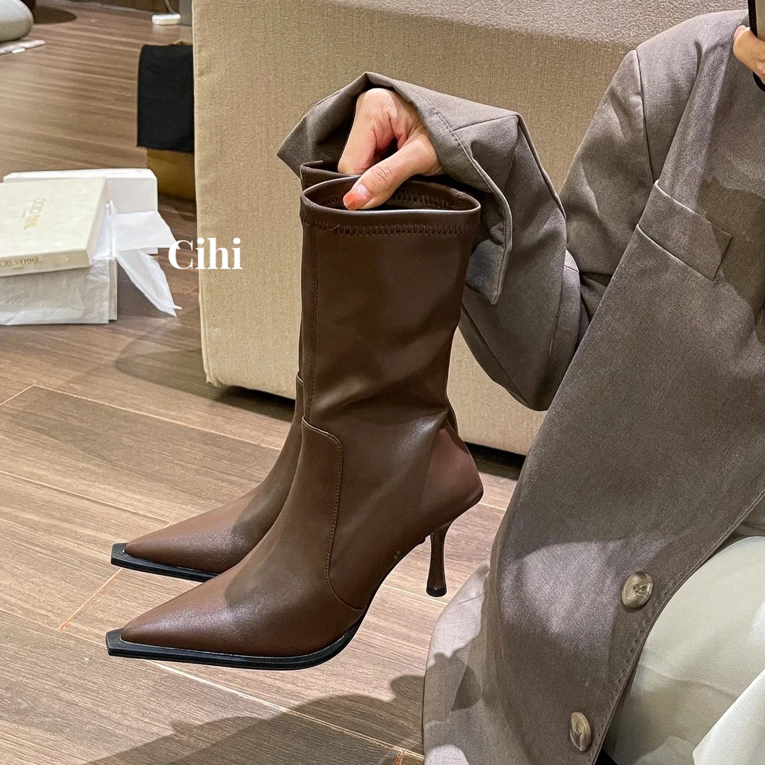 設計/1-367-1-时髦辣妹-复古棕色尖头细高跟瘦瘦弹力靴袜靴