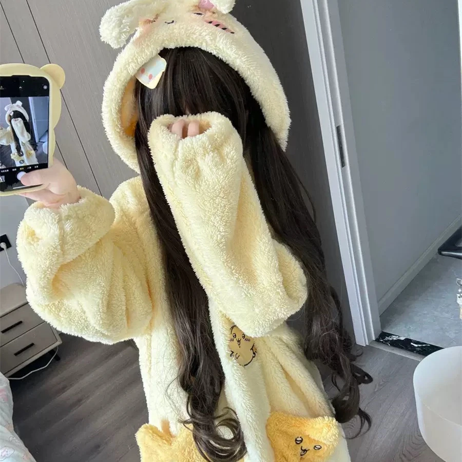 吉伊卡哇chiikawa乌萨奇睡袍冬季女珊瑚绒加绒加厚长款连帽睡衣女