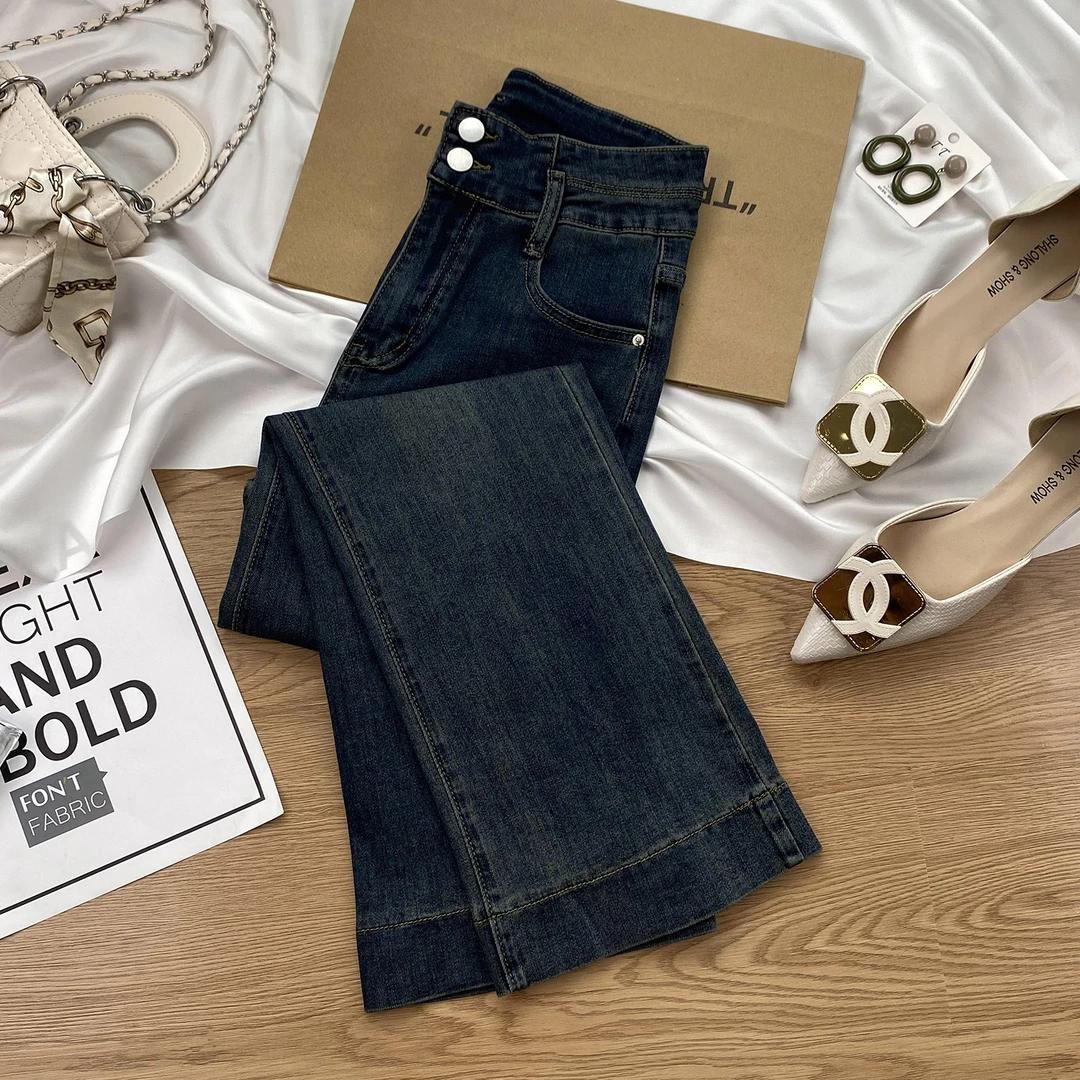 水泥灰微喇牛仔裤女秋季2025新款高腰显高显瘦小个子九分喇叭裤子