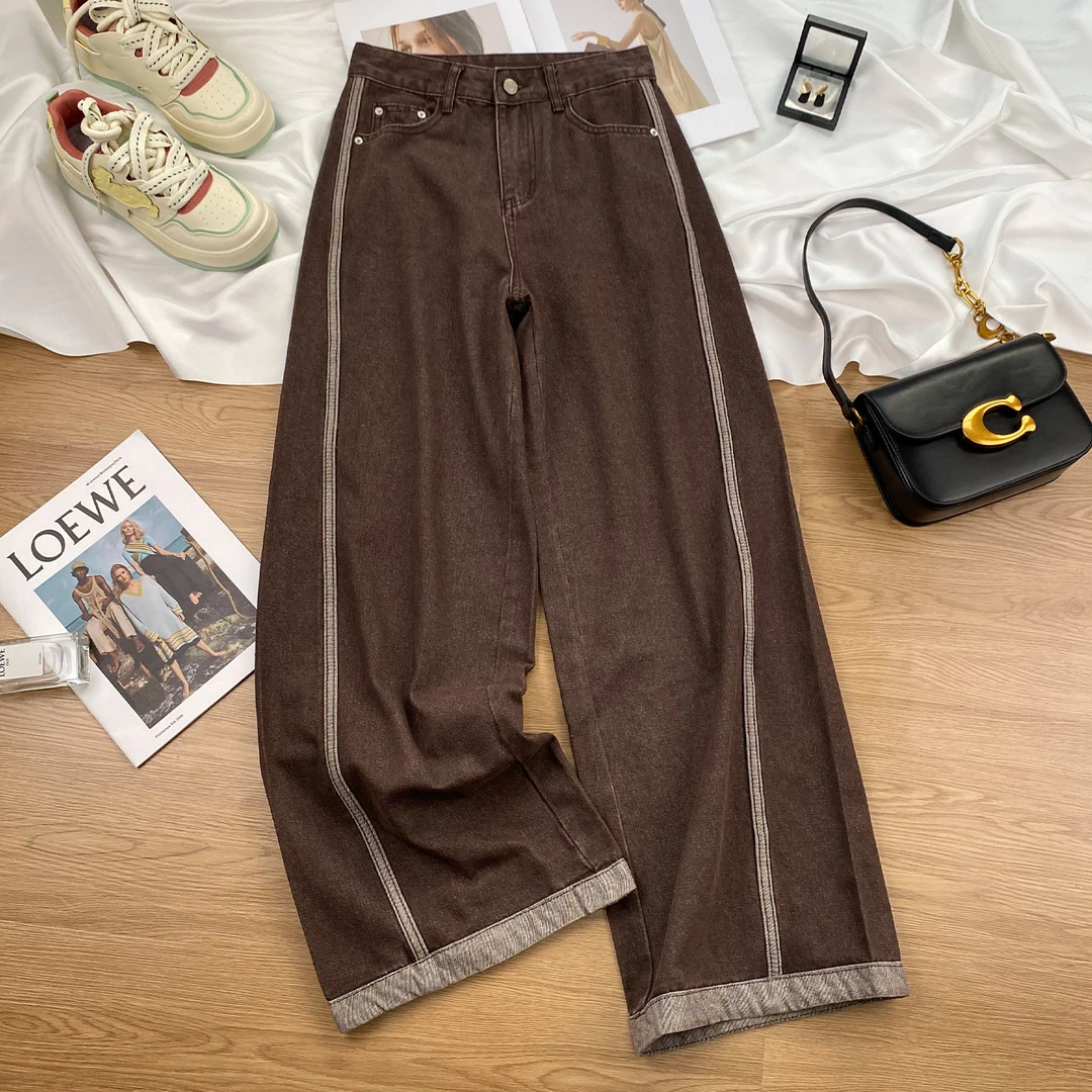 咖色阔腿牛仔裤女秋季2025新款时尚高腰显瘦拼色设计感垂感直筒裤