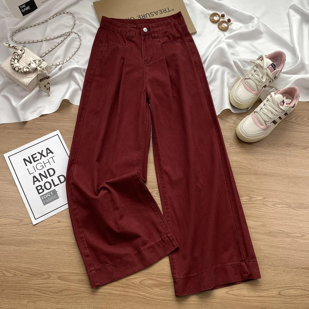 安哥拉红阔腿牛仔裤女秋季2025新款高腰显瘦爆款垂感直筒休闲裤女