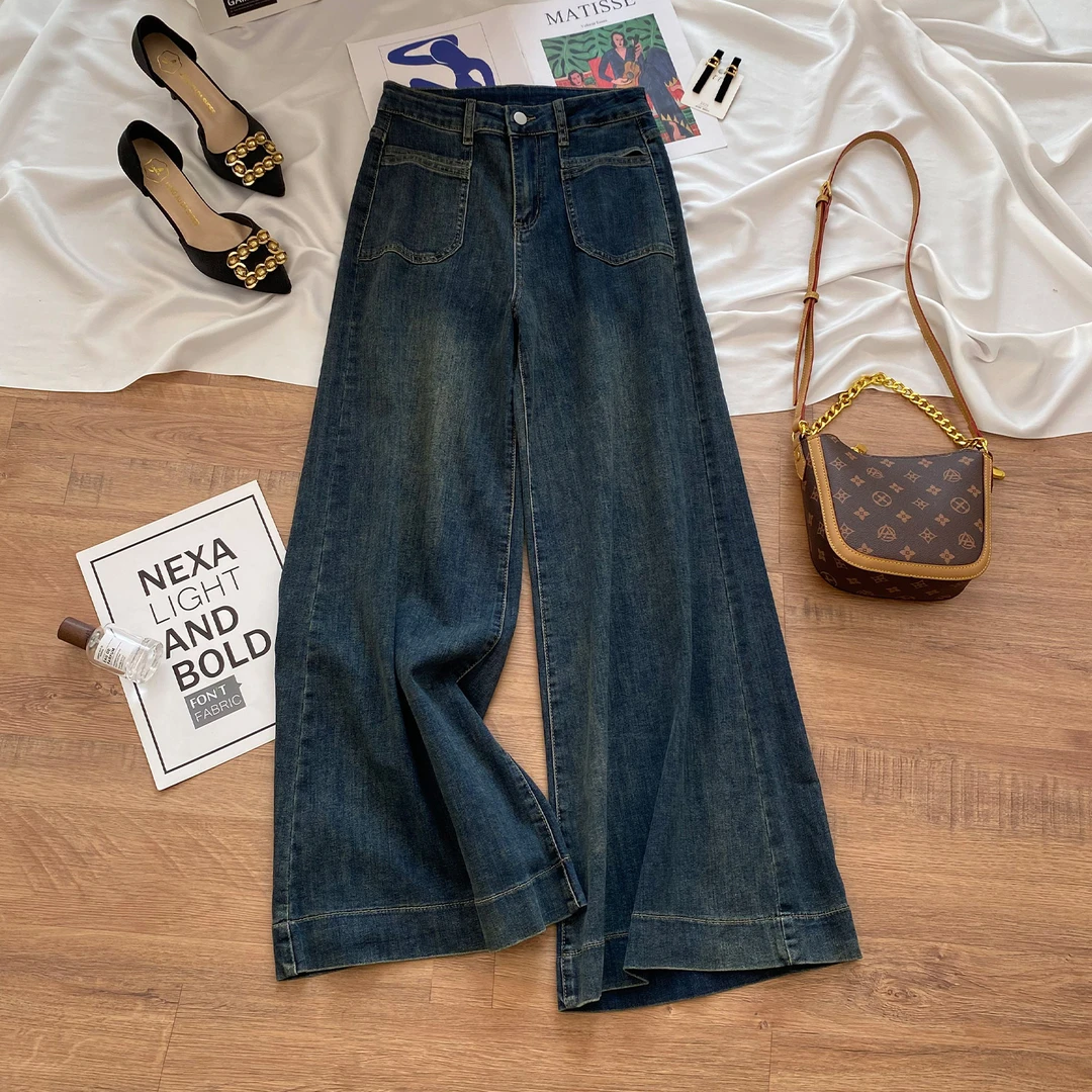 怀旧蓝高腰阔腿牛仔裤女秋季2025新款显瘦弹力宽松垂感爆款喇叭裤