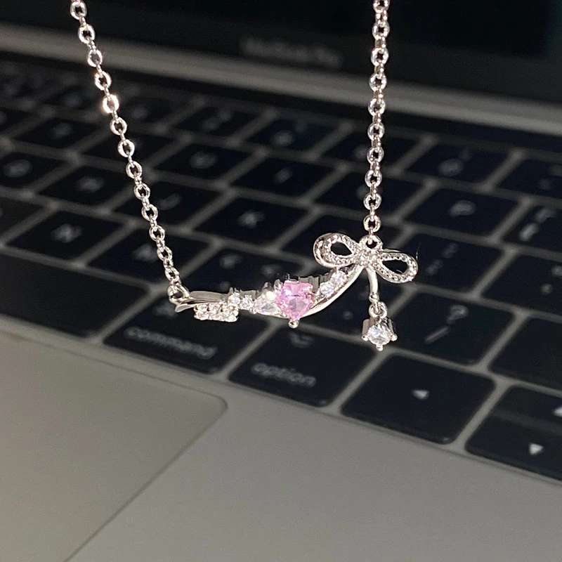 钛钢项链 超仙蝴蝶结项链女ins小众轻奢粉色爱心蝶梦锁骨链坠链