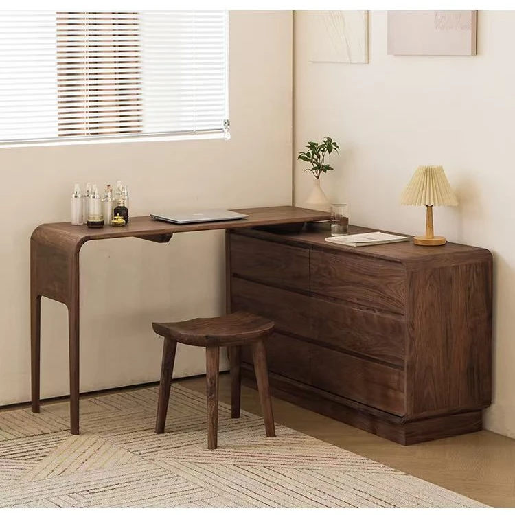 黑胡桃木六斗柜家用一体书桌卧室日式简约多功能实木收纳六斗橱