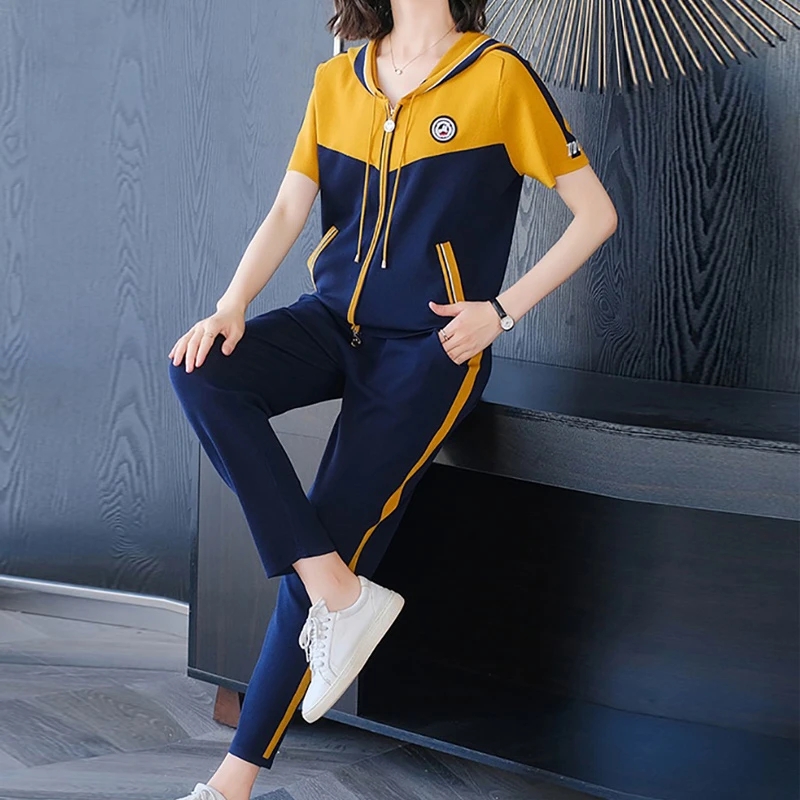 (冰丝）夏季宽松休闲运动连帽撞色女士冰丝清凉套装俩件套22179
