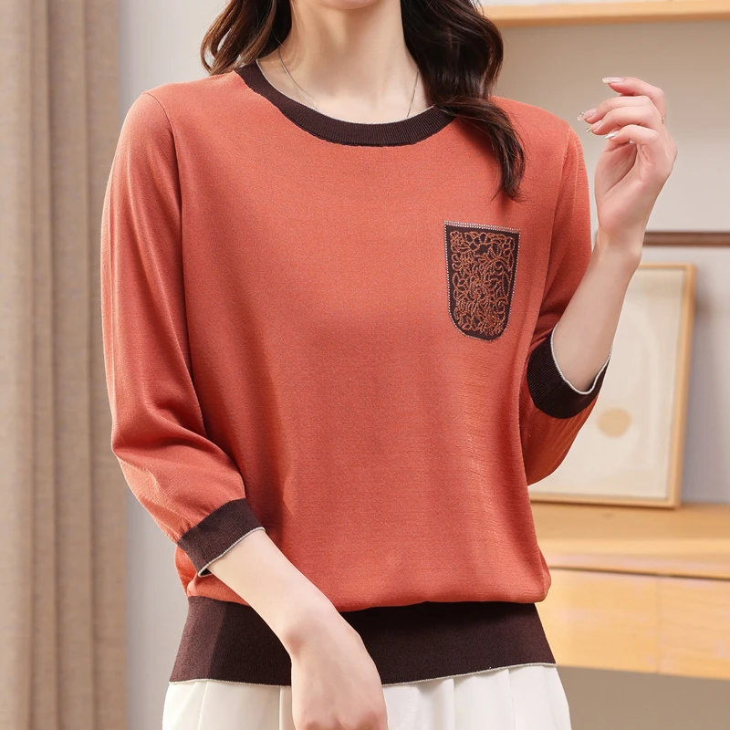 （天丝）圆领针织套衫时尚妈妈春秋7分袖宽松针织套衫D-129