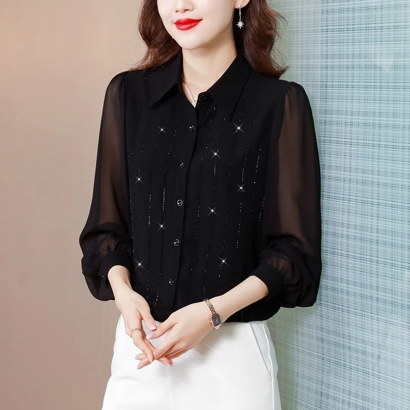 烫钻雪纺衫衬衫女长袖2023年春季新款设计感洋气妈妈大码显瘦上衣