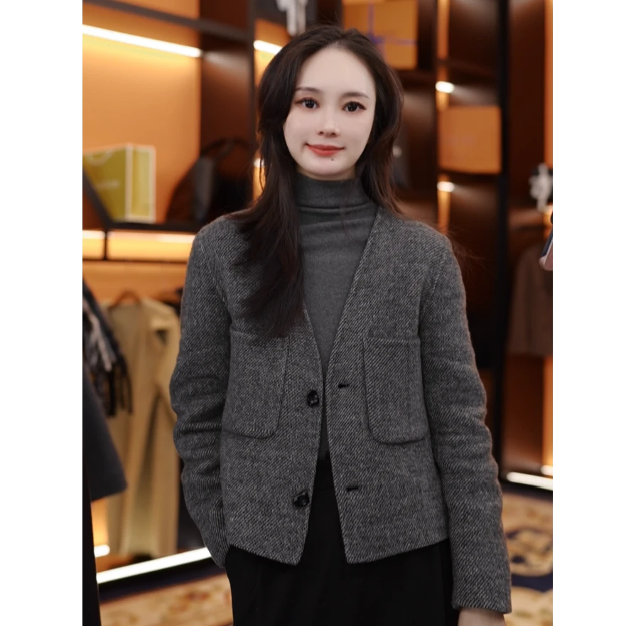2025上新新款小个子V领复古气质外套长袖双面大衣短款显瘦女852