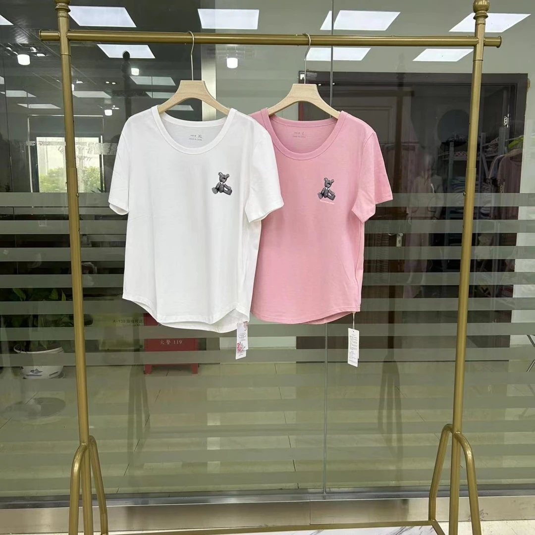 【格子小熊】夏季圆领休闲时尚下摆圆孤印花T恤H201