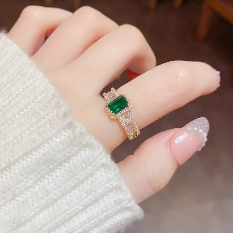铜合金戒指 轻奢方形绿色戒指女开口戒指森系元气亮晶晶戒指指环