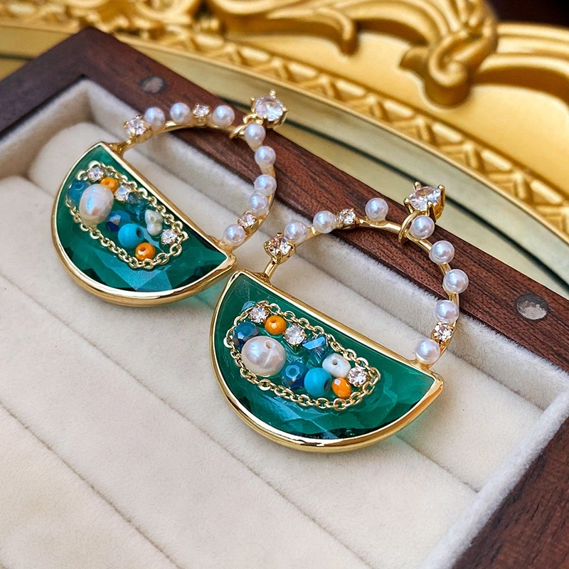 铜合金耳饰 轻奢镶钻耳环几何半圆花篮设计耳钉网红链条气质耳饰