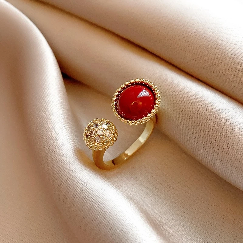 铜合金戒指 红色镶钻开口戒指小众复古食指戒气质轻奢宫廷风手饰