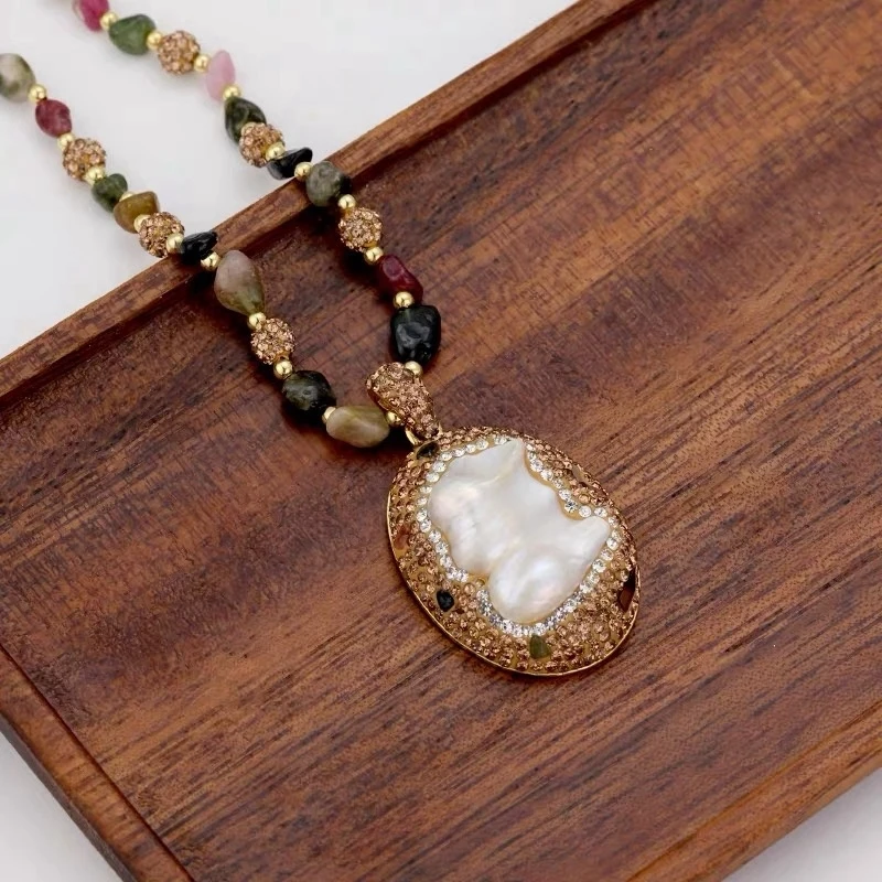 铜合金项链 天然巴洛克异形项链法式新款毛衣链个性镶嵌坠链时尚