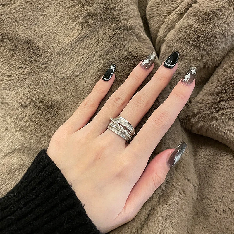 铜合金戒指 轻奢复古闪亮锆石几何戒指女气质多层线条开口指环