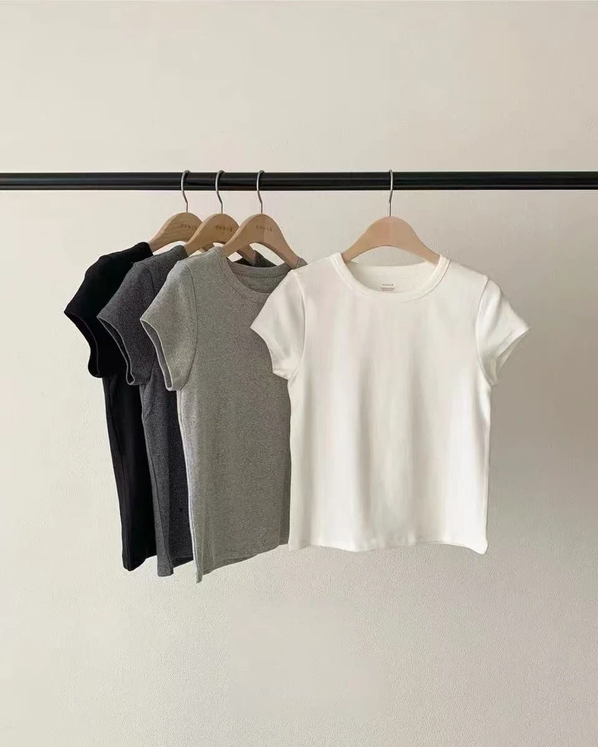 现韩国东大门代2024秋季ounce新款纯色简约百搭短袖T恤
