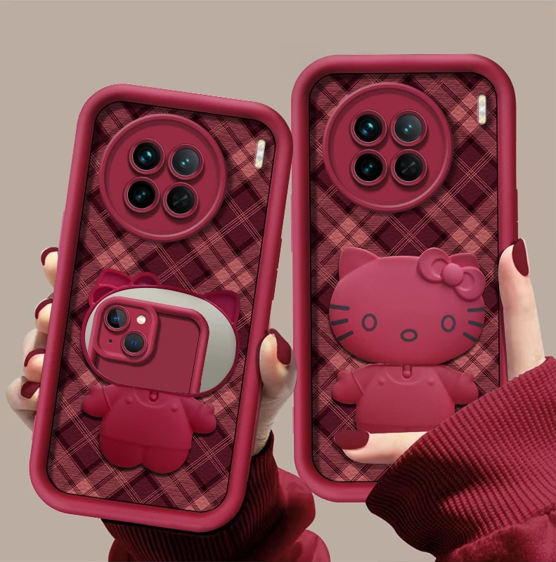 适用【vivox90/x90s/x90pro】秋冬新款小羊皮布纹猫咪支架手机壳女