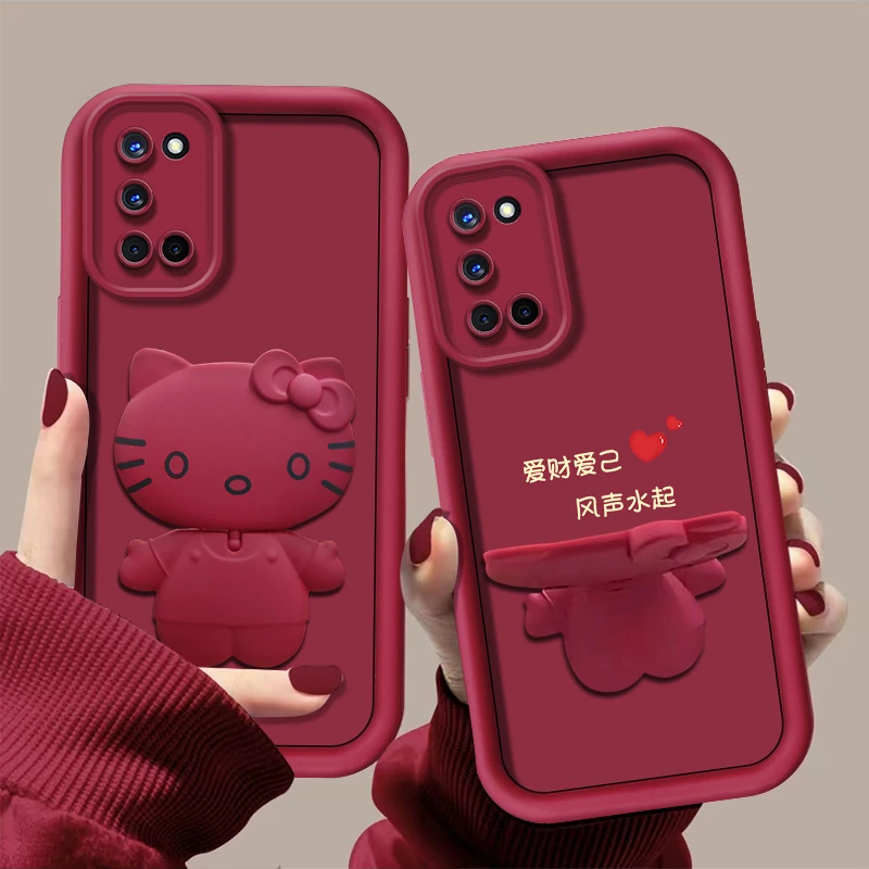 爱财爱己oppoa52手机壳猫咪支架酒红色创意可爱卡通旋转防摔女款