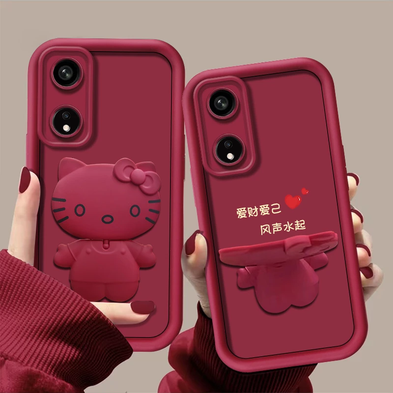 爱财爱己【OPPOA1活力版】手机壳猫咪支架酒红色创意可爱防摔女款