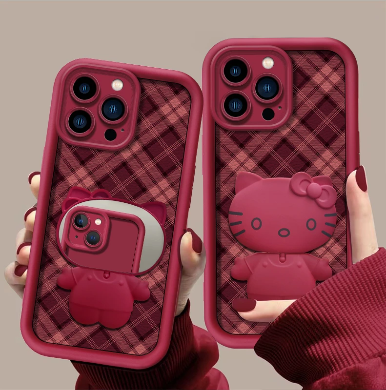 适用【苹果14promax】秋冬新款小羊皮布纹猫咪支架全包创意手机壳女