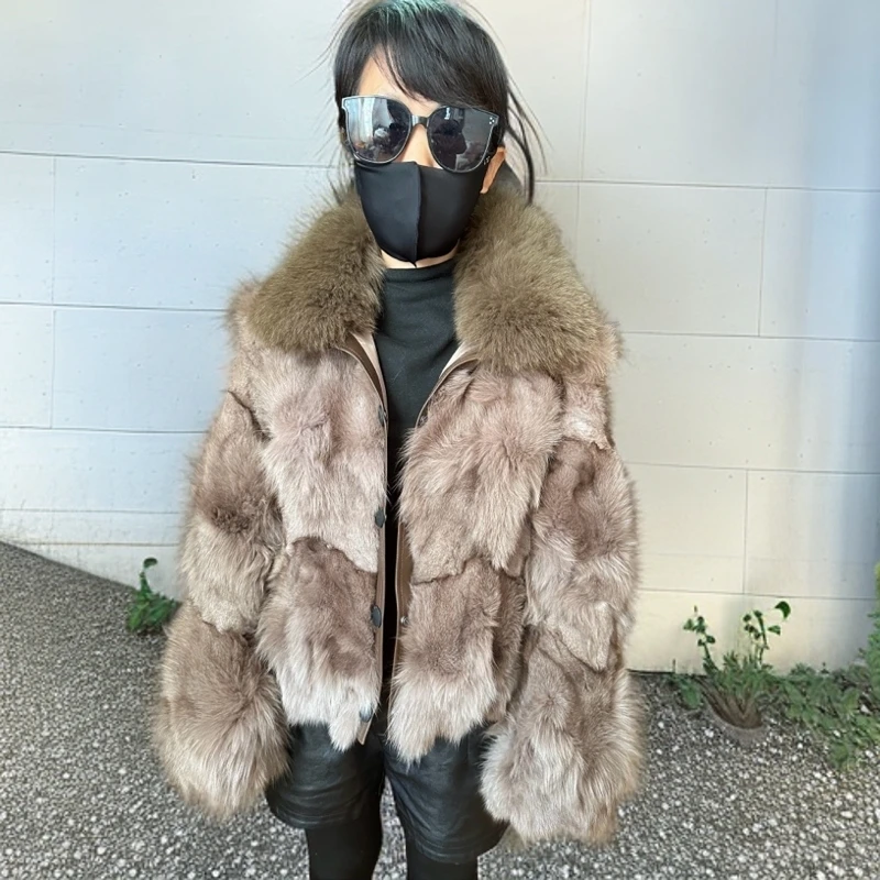 2024冬季新款时尚保暖休闲百搭显气质高质量狐狸毛腿毛短款外套