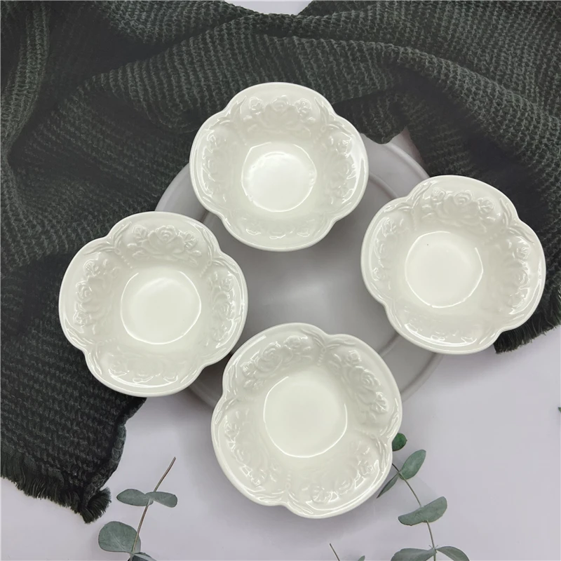 复古浮雕家用调味碟蘸料碟纯白创意小碟子大口径陶瓷碗碟